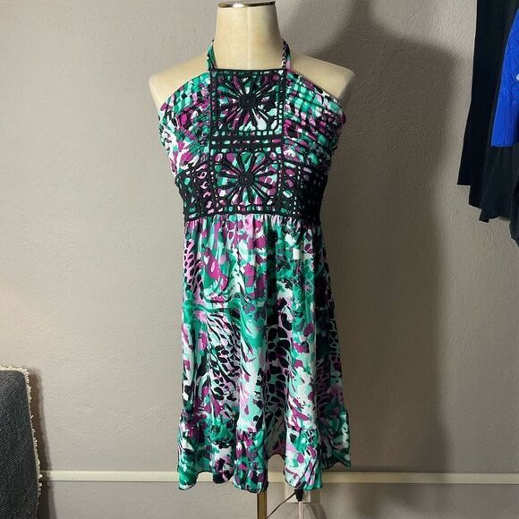 Susie Rose Womens Multicolor Floral Crochet Halter Neck Ruffle Dress Large - Picture 5 of 9